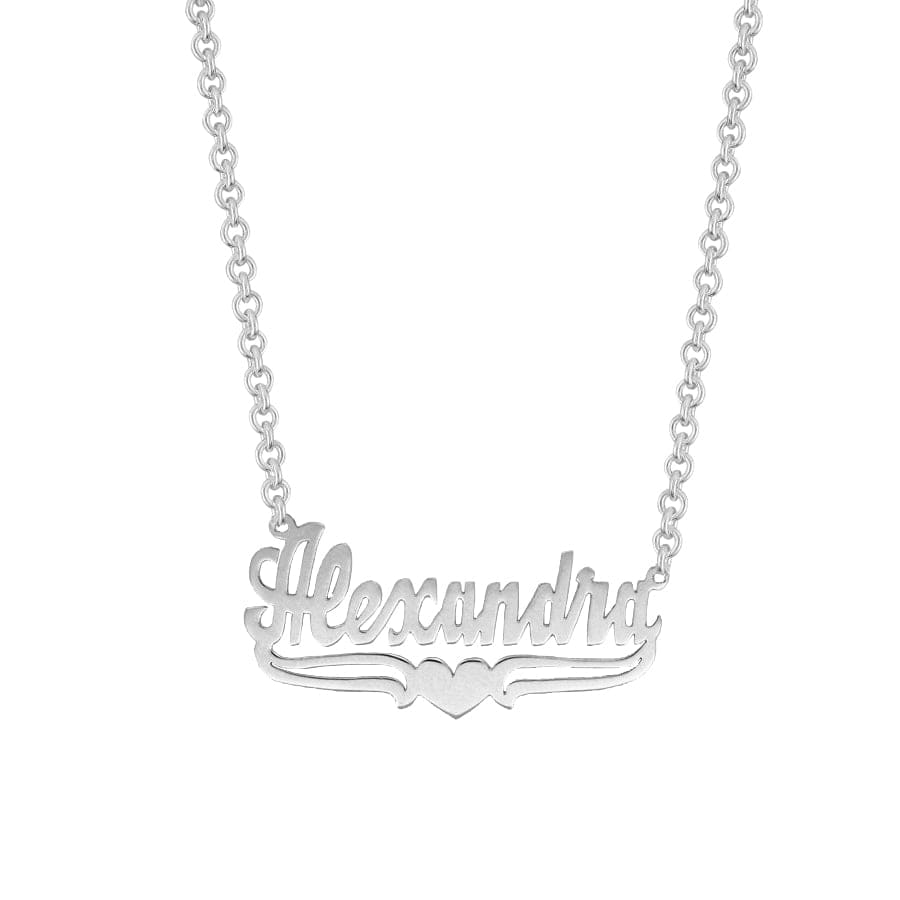 Silver Plated / Link Chain Name Necklace with Lower Tails &amp; Heart &quot;Alexandra&quot;