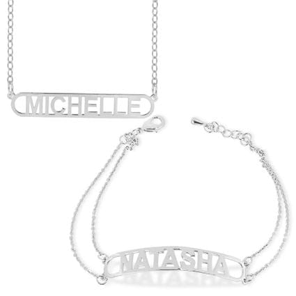 Silver Plated / Link Chain Set of Bar Necklace &amp; Bracelet