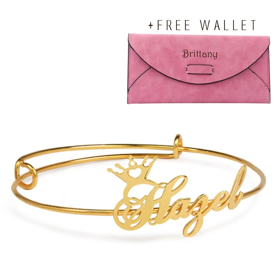 Silver Plated / Pink / Yes, Wallet with engraving Adjustable Name Crown Bangle with FREE Wallet