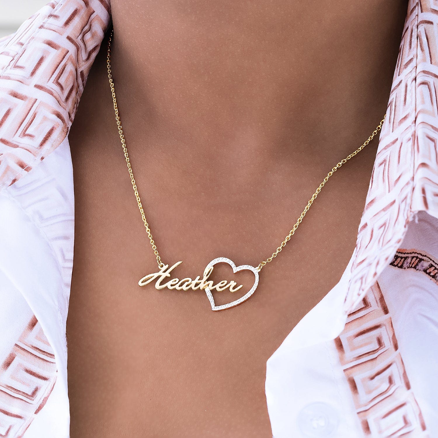 14k Gold over Sterling Silver / Cuban Chain Single Plated Nameplate Necklace "Heather" with Stones Heart