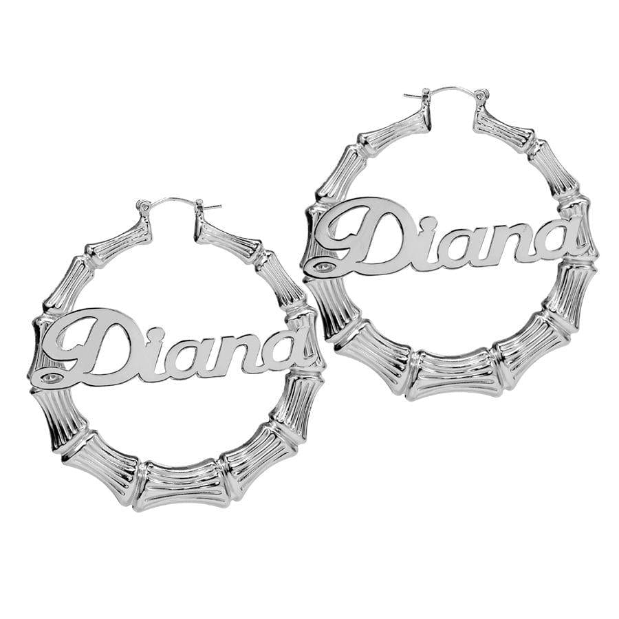 Sterling Silver 2&quot; Hoops Bamboo Name Earrings