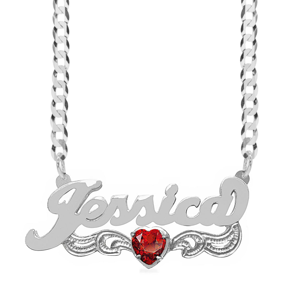 Sterling Silver / Cuban Chain Birthstone Heart Rhodium &quot;Double&quot; Nameplate with Cuban chain