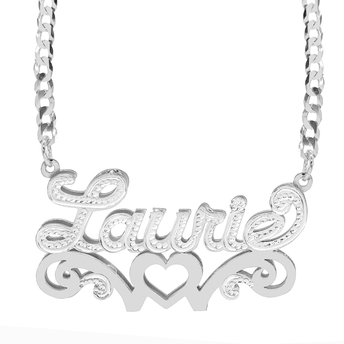 Sterling Silver / Cuban Chain Double Nameplate Necklace w/ Love Heart &quot;Laurie&quot;