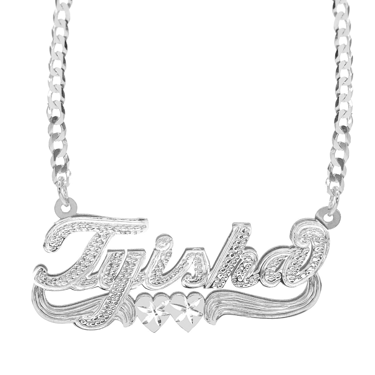 Sterling Silver / Cuban Chain Double Script Name Plate With Beading &quot;Tyisha&quot; with Cuban chain