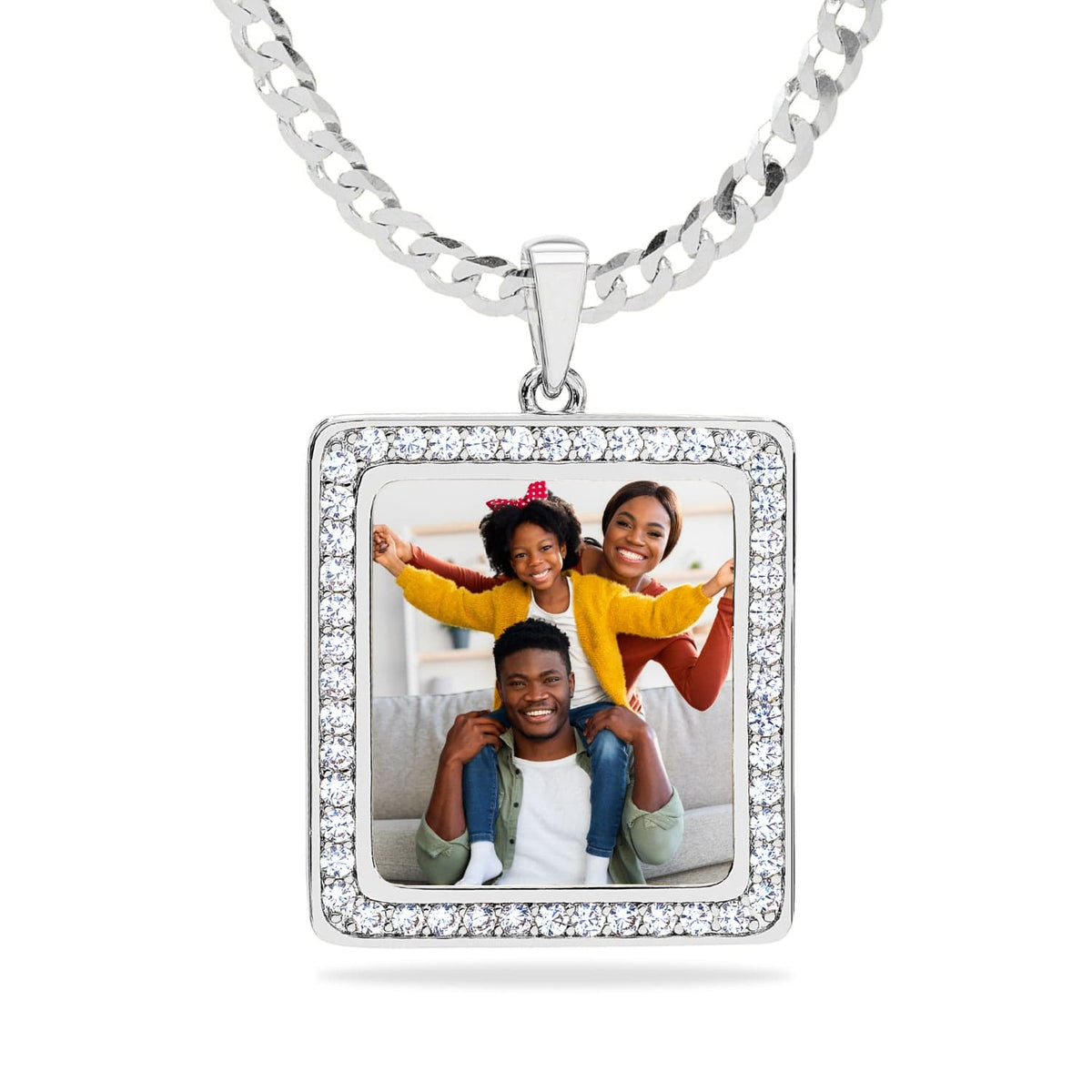 Sterling Silver / Cuban Chain Iced Out Square Photo Pendant