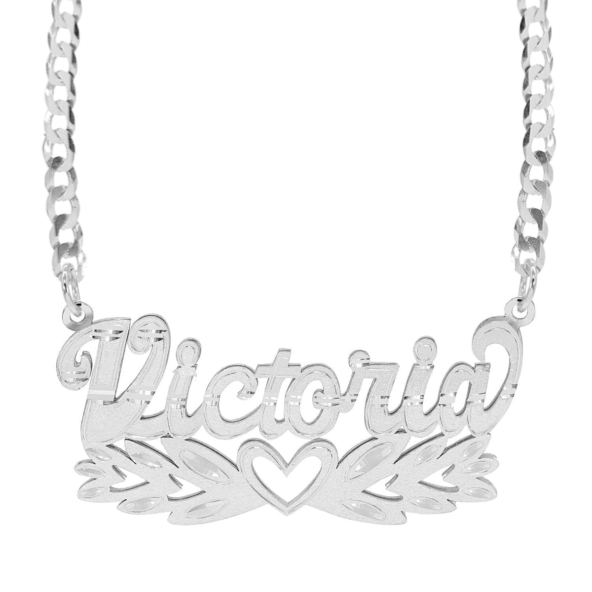 Sterling Silver / Cuban Chain Personalized Double Nameplate Necklace &quot;Victoria&quot;