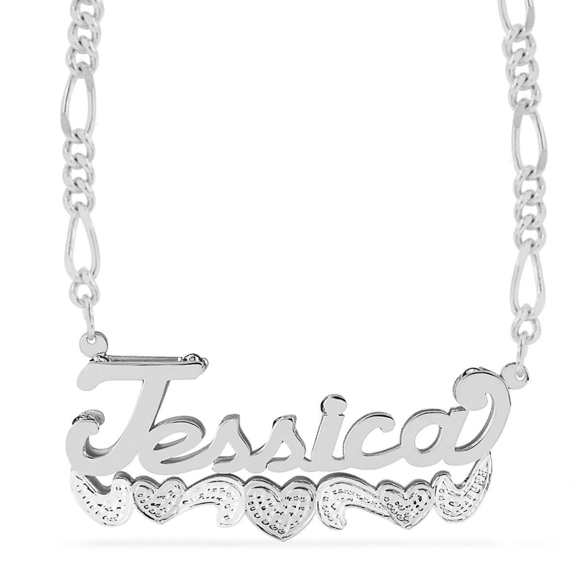 Sterling Silver / Figaro Chain Double Name Necklace w/Beading-Rhodium &quot;Jessica&quot;
