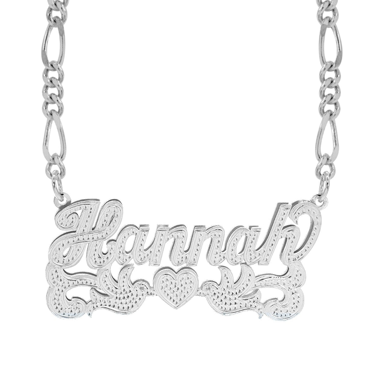 Sterling Silver / Figaro chain Double Nameplate Necklace w/ Love Birds and Centered Heart