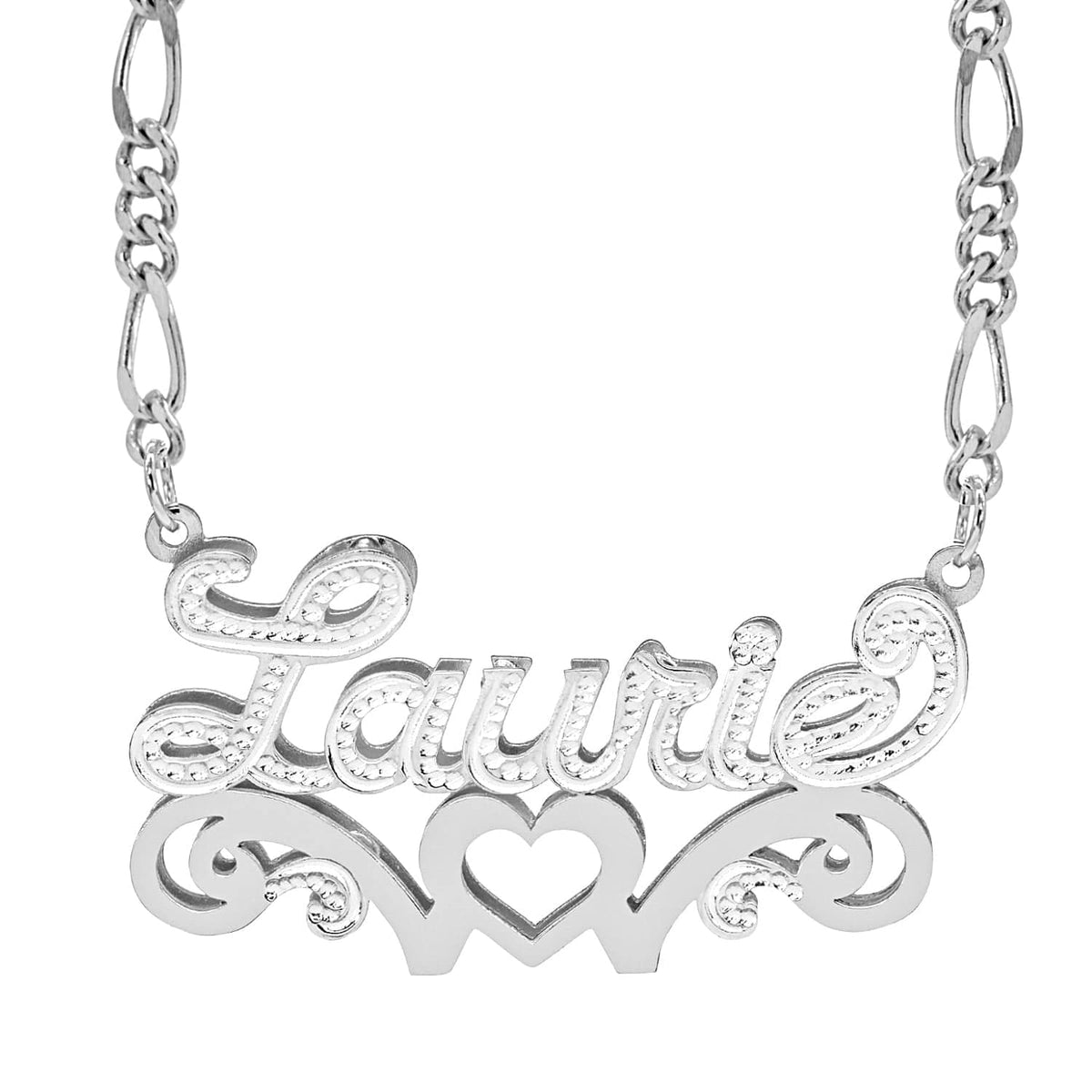 Sterling Silver / Figaro Chain Double Nameplate Necklace w/ Love Heart &quot;Laurie&quot; with Figaro chain