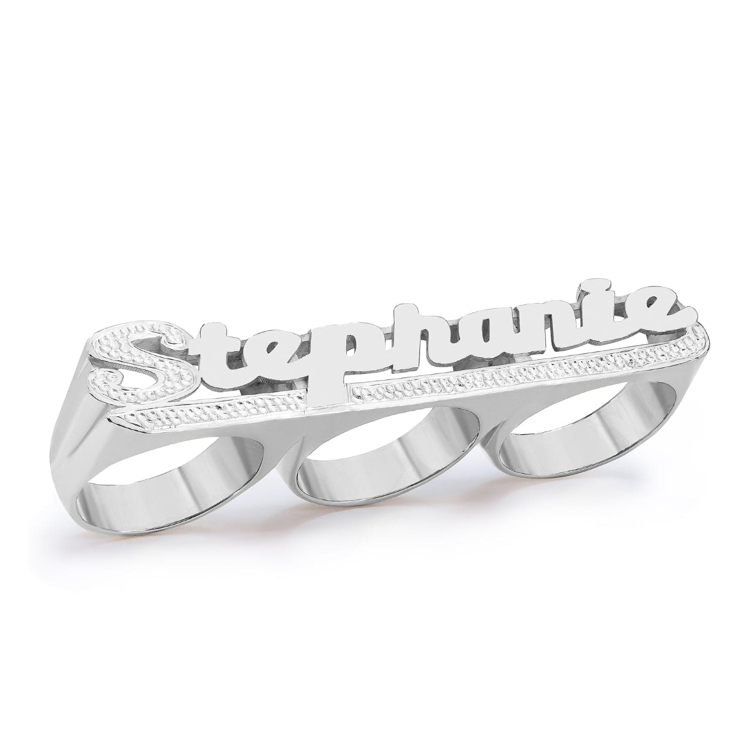 Two-Tone. Sterling Silver Personalized Three Finger Name Ring  - Unisex