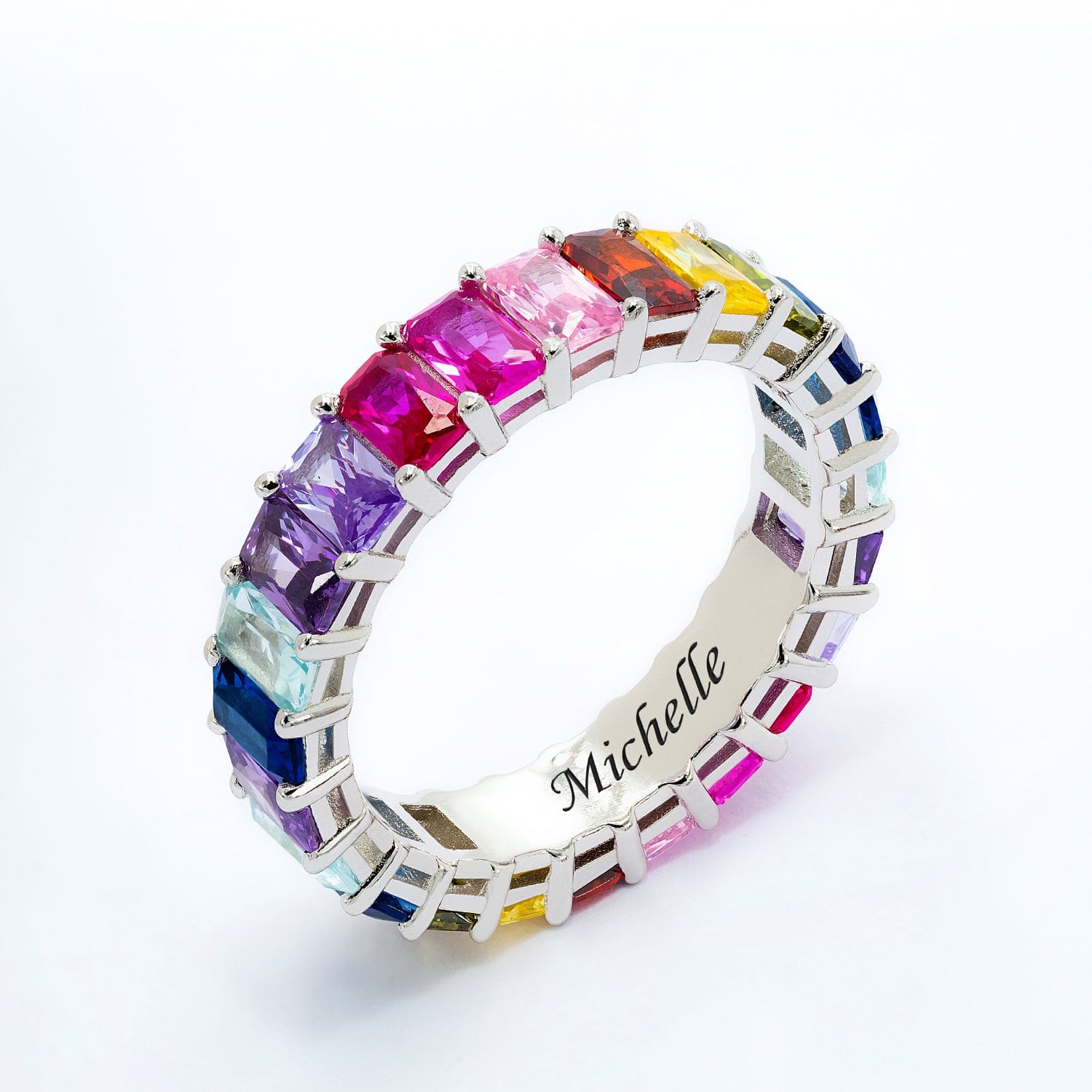 Sterling Silver / Rainbow Stones / Engraved Ring Rainbow Engraved Personalized Cubic Zirconia Ring