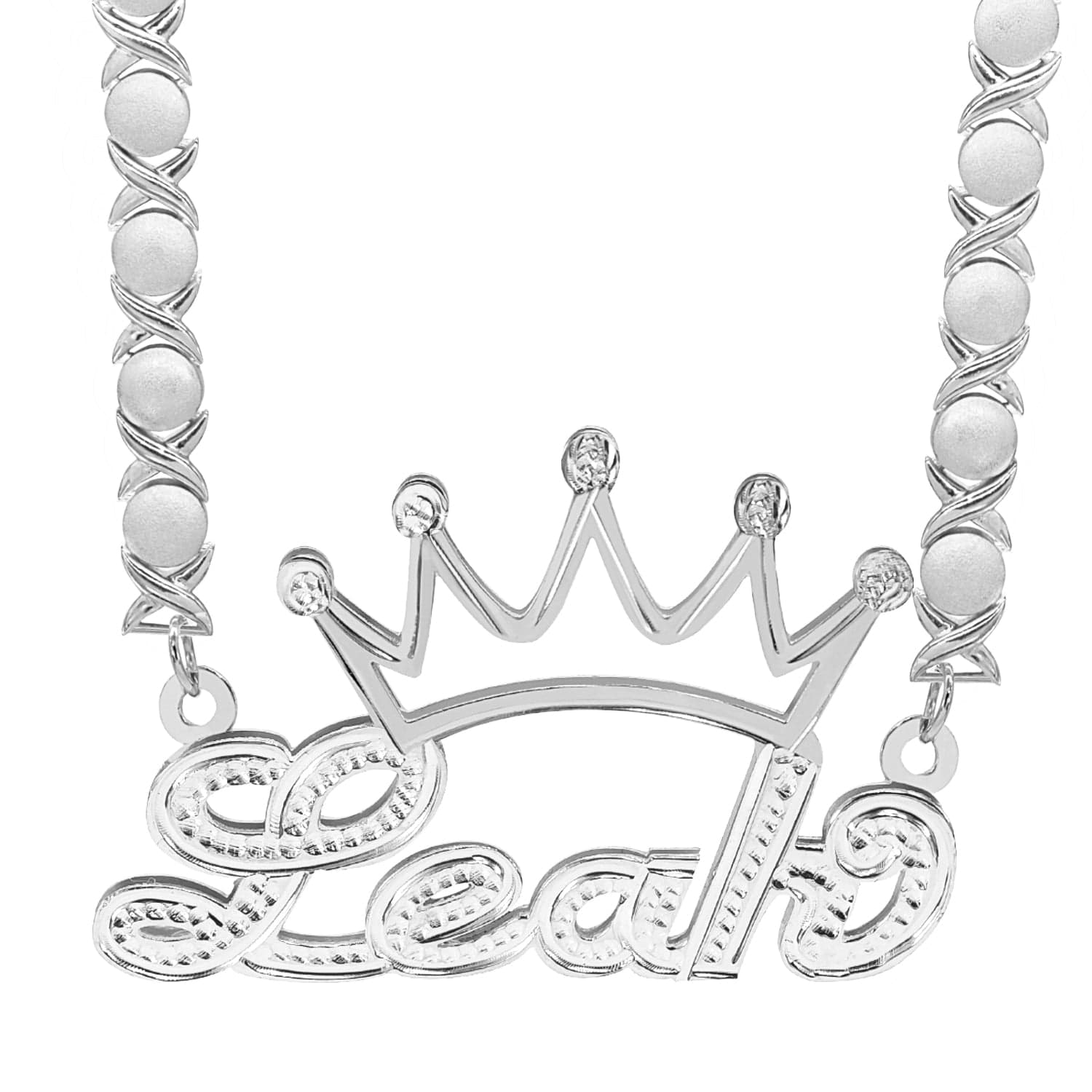 Two-Tone. Sterling Silver / Rhodium Xoxo Chain Copy of Personalized Double Nameplate Necklace with Crown "Leah"