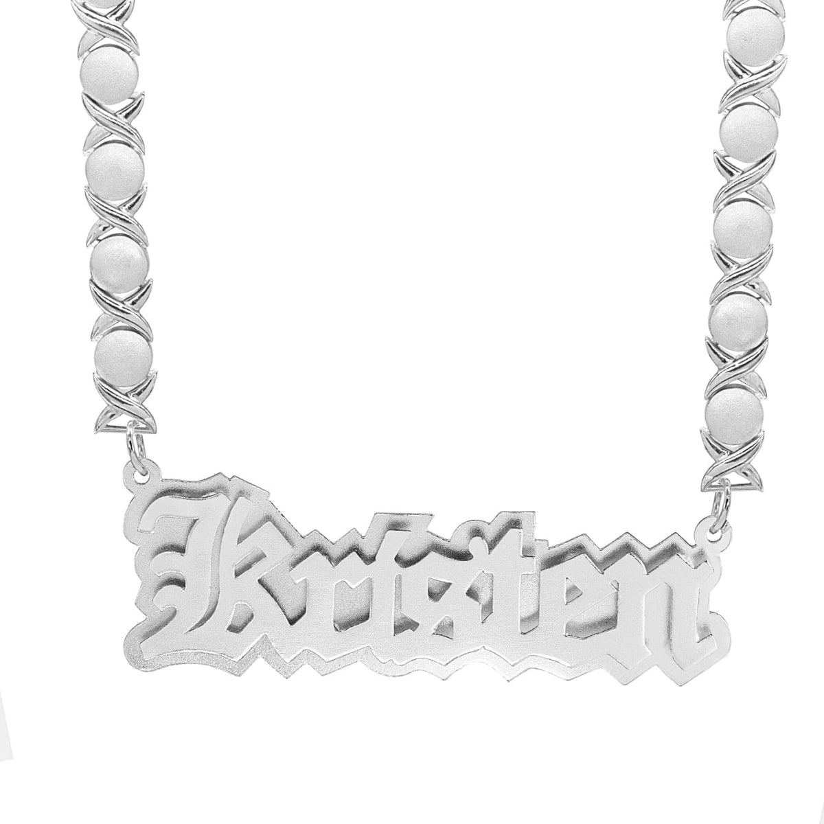 Sterling Silver / Rhodium Xoxo Chain Double Plated Nameplate Necklace &quot;Kristen&quot; With Rhodium Xoxo Chain