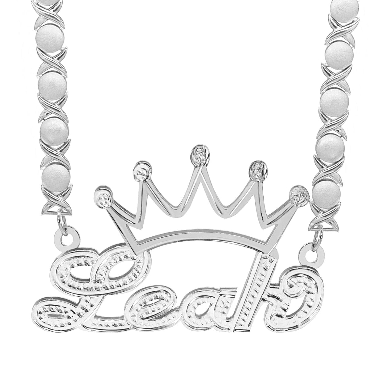 Sterling Silver / Rhodium Xoxo Chain Personalized Double Nameplate Necklace with Crown &quot;Leah&quot;