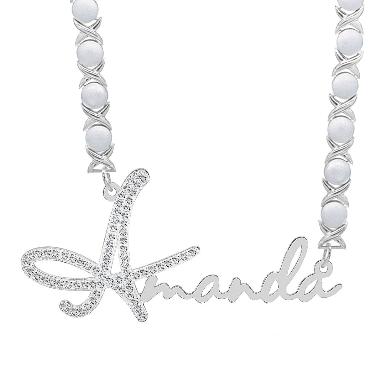 Sterling Silver / Rhodium Xoxo Chain Single Plated Nameplate Necklace &quot;Amanda&quot; with Stones