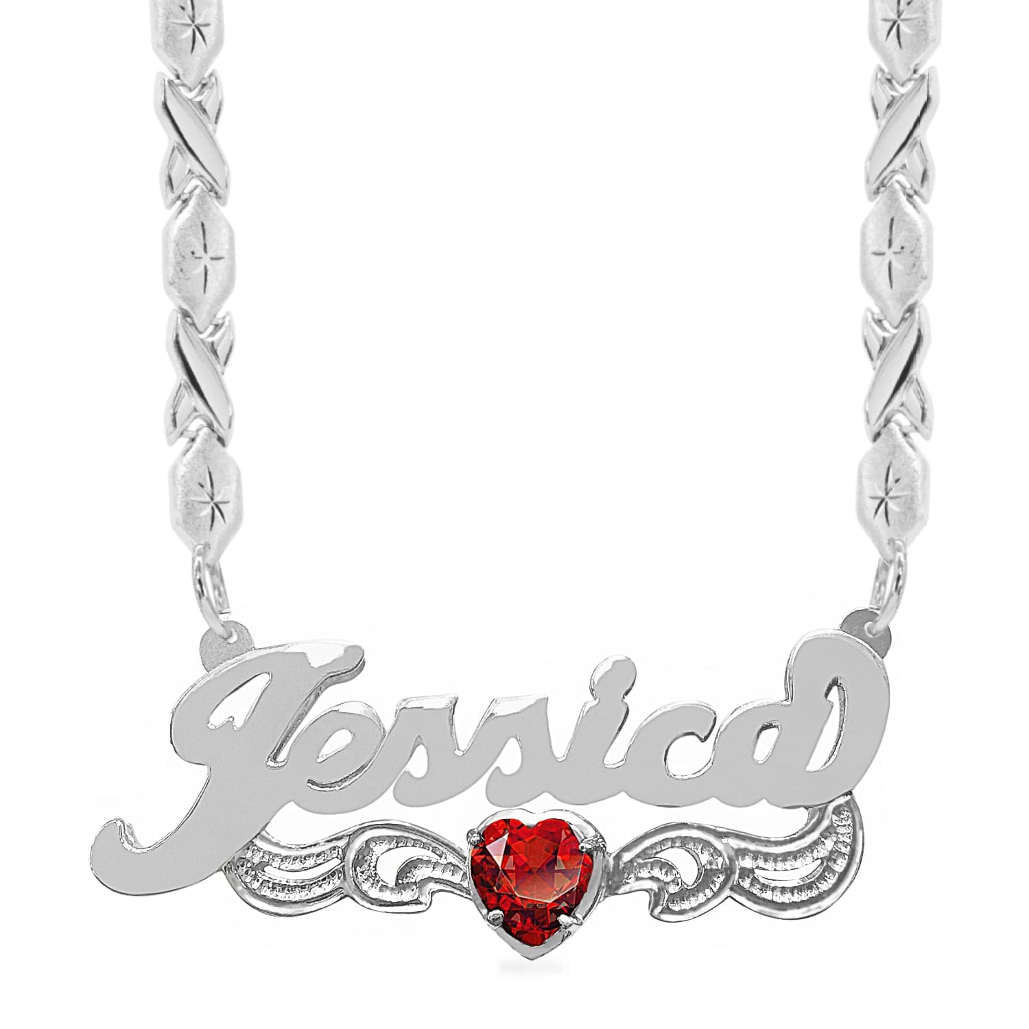 Two-Tone. Sterling Silver / Xoxo Chain Birthstone Heart Rhodium "Double" Nameplate with Xoxo chain