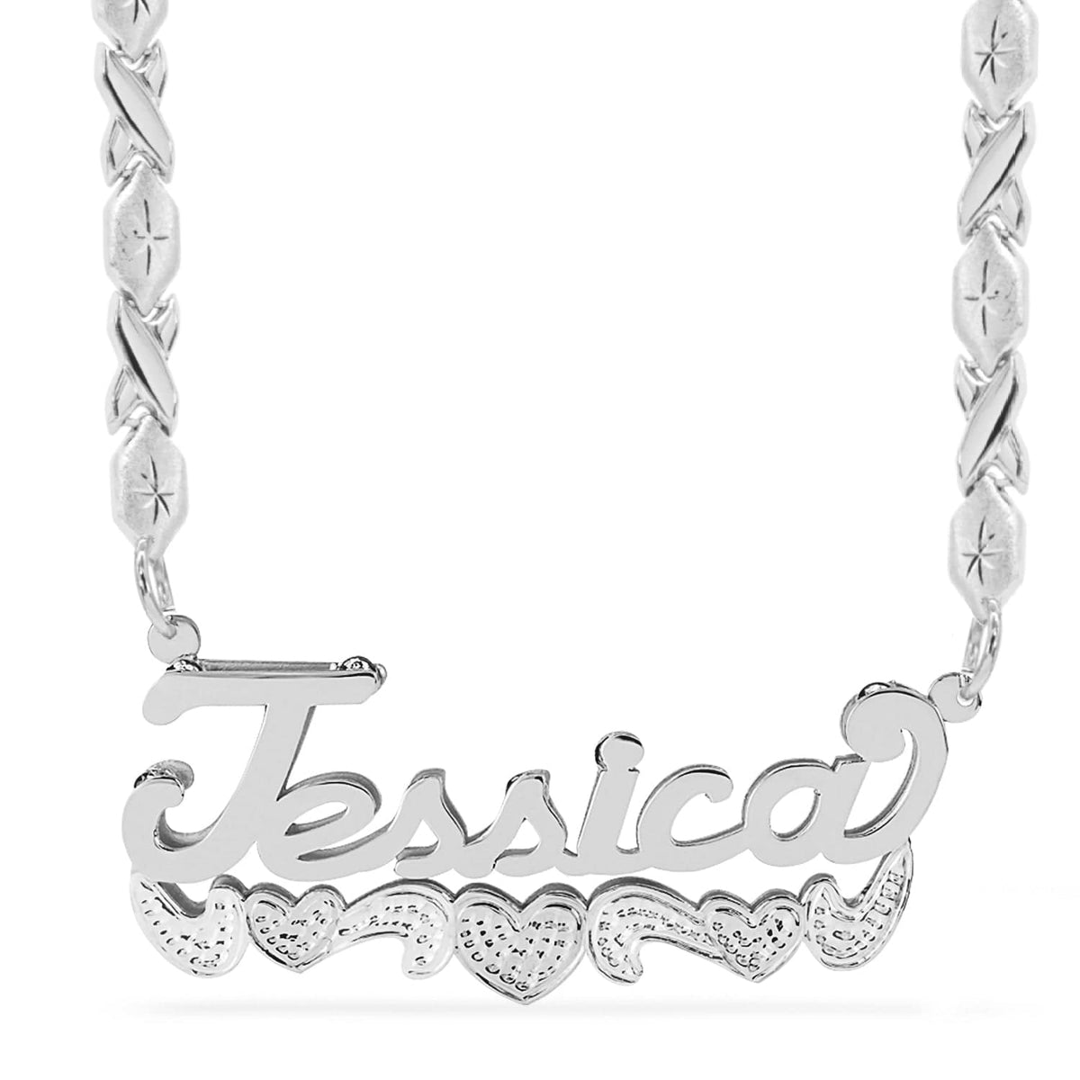 Sterling Silver / Xoxo Chain Double Name Necklace w/Beading-Rhodium with Xoxo chain