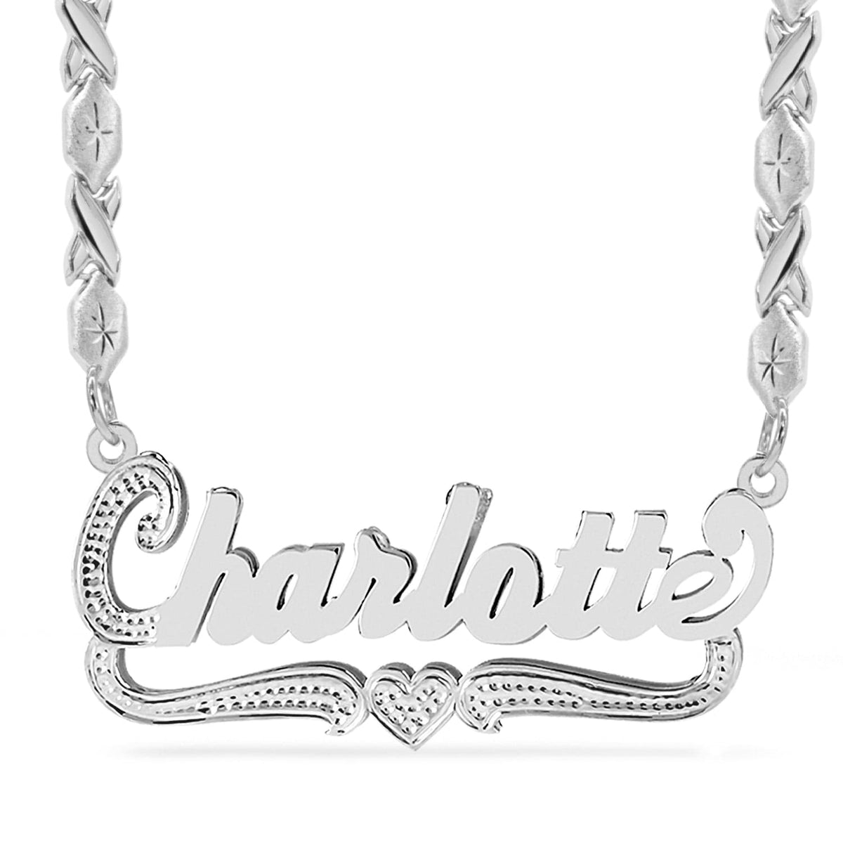 Sterling Silver / Xoxo Chain Double Script Name Plate With Beading &quot;Charlotte&quot;