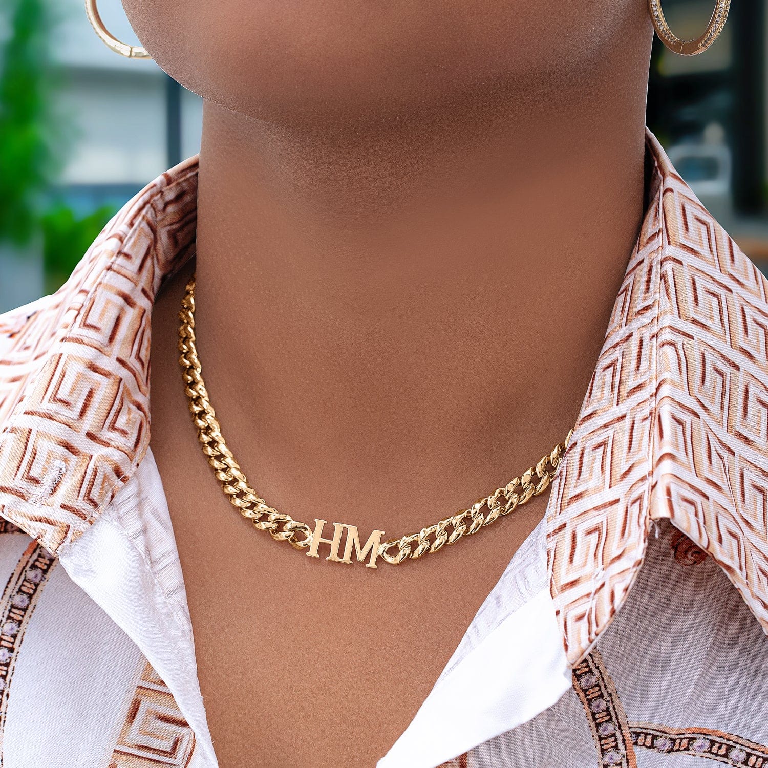 14k Gold over Sterling Silver / Cuban Chain Two Intial Choker Necklace with Cuban Chain