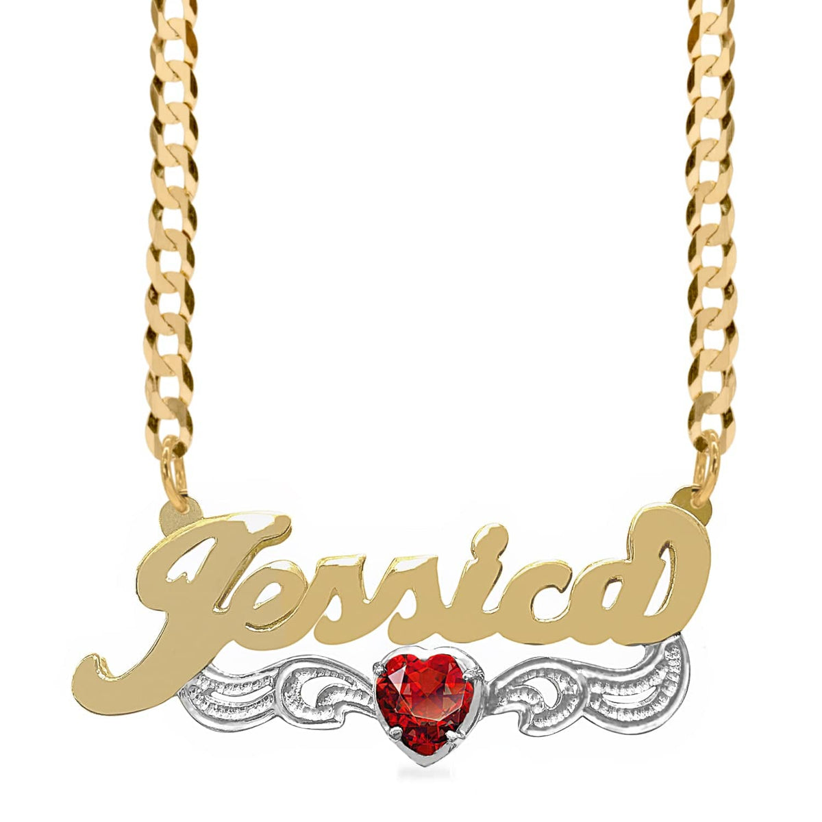 Two-Tone. Sterling Silver / Cuban Chain Birthstone Heart Rhodium &quot;Double&quot; Nameplate with Cuban chain