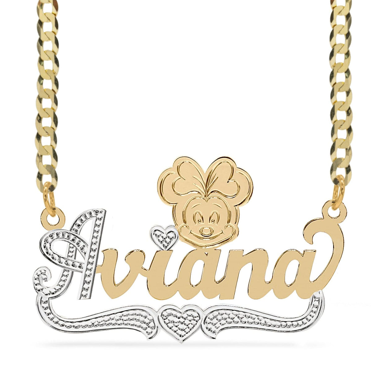 Two-Tone Sterling Silver / Cuban Chain Cartoon Nameplate Necklace &quot;Aviana&quot;
