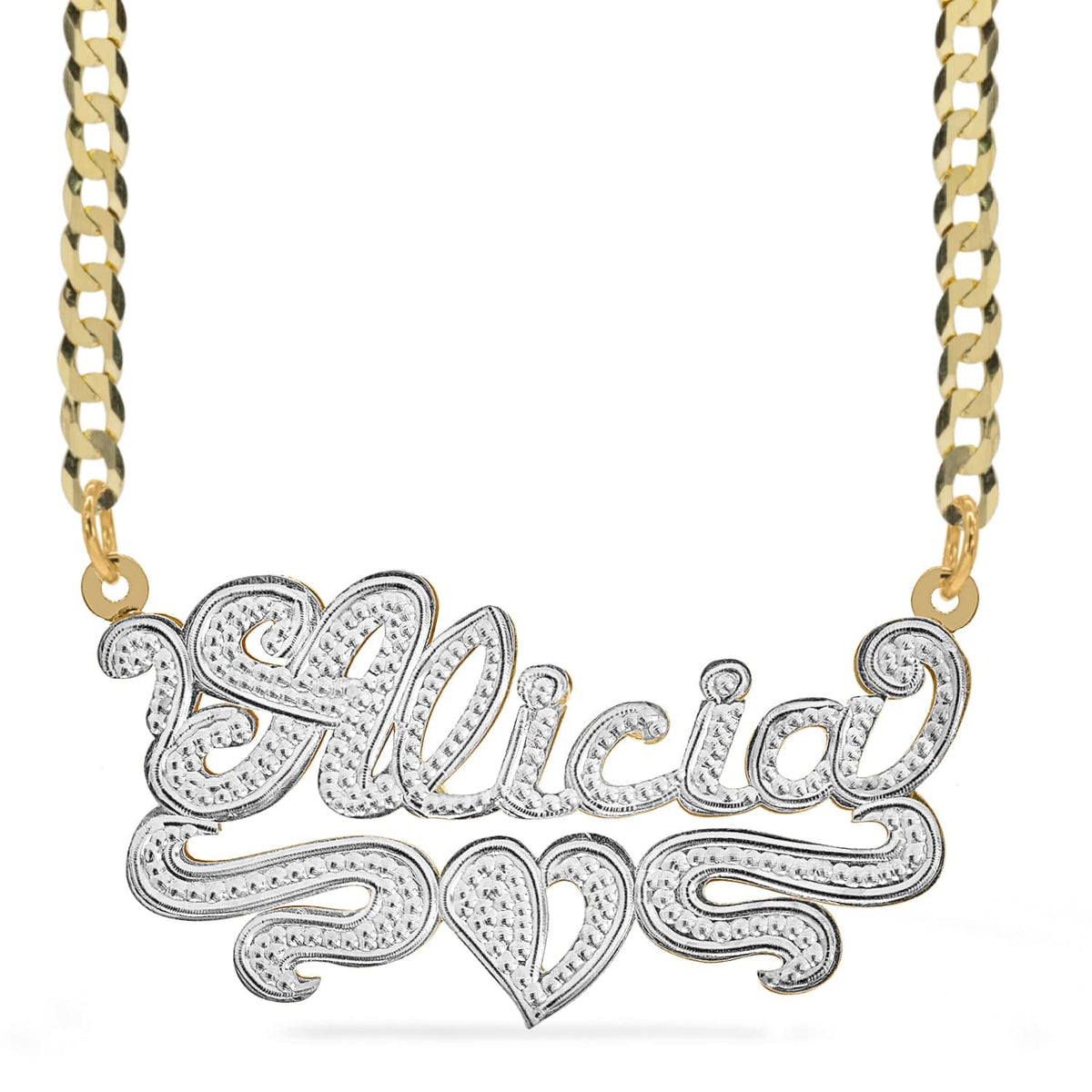 Two-Tone. Sterling Silver / Cuban Chain Double Plated Name Necklace &quot;Alicia&quot; with Cuban chain