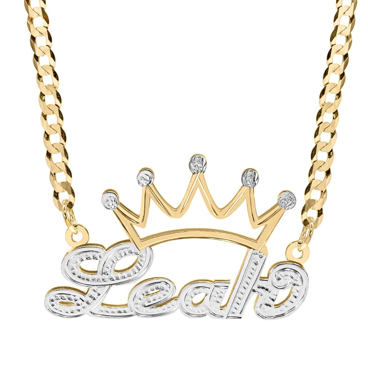 Two-Tone. Sterling Silver / Cuban Chain Solid Gold Double Nameplate Necklace with Crown &quot;Leah&quot;