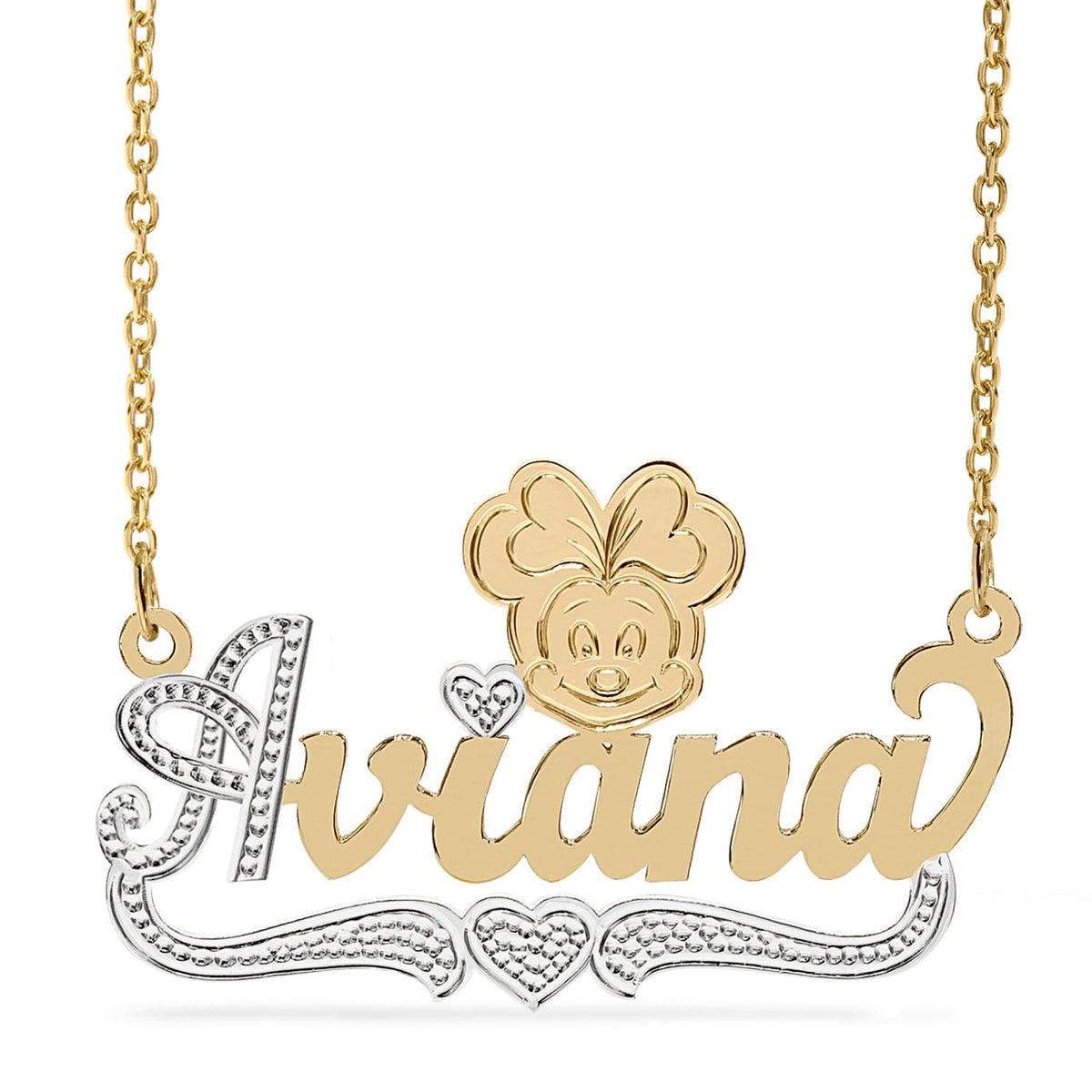 Two-Tone Sterling Silver / Link Chain Cartoon Nameplate Necklace &quot;Aviana&quot;