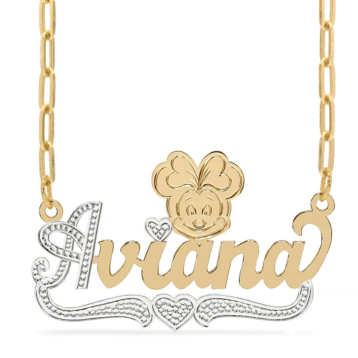 Two-Tone Sterling Silver / Paper Clip Chain Cartoon Nameplate Necklace &quot;Aviana&quot;