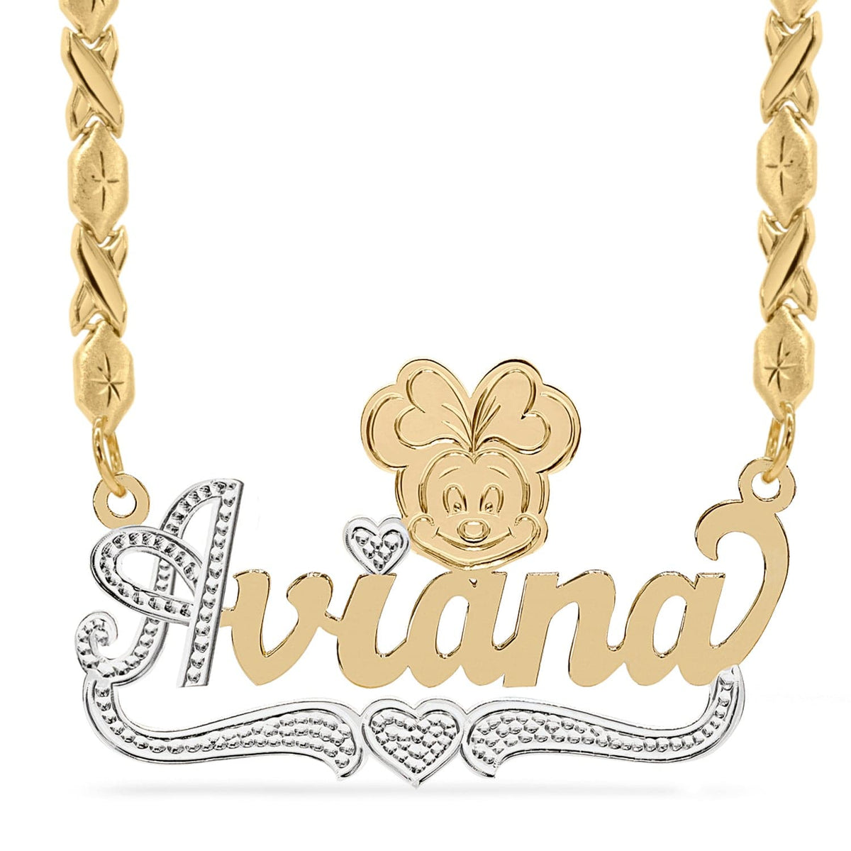 Two-Tone Sterling Silver / Xoxo Chain Cartoon Nameplate Necklace &quot;Aviana&quot;