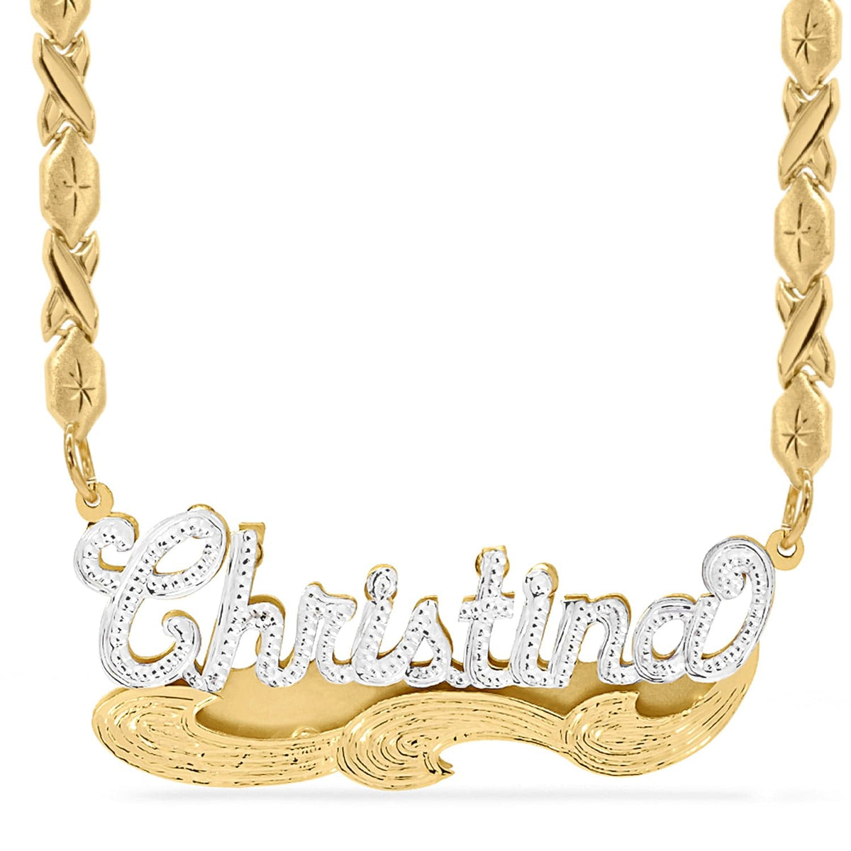 Two-Tone. Sterling Silver / Xoxo Chain Double Name Necklace w/Beading &quot;Christina&quot; with Xoxo chain