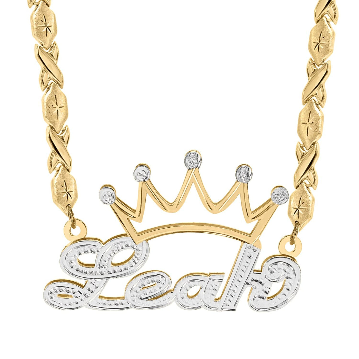 Two-Tone. Sterling Silver / Xoxo Chain Solid Gold Double Nameplate Necklace with Crown &quot;Leah&quot;