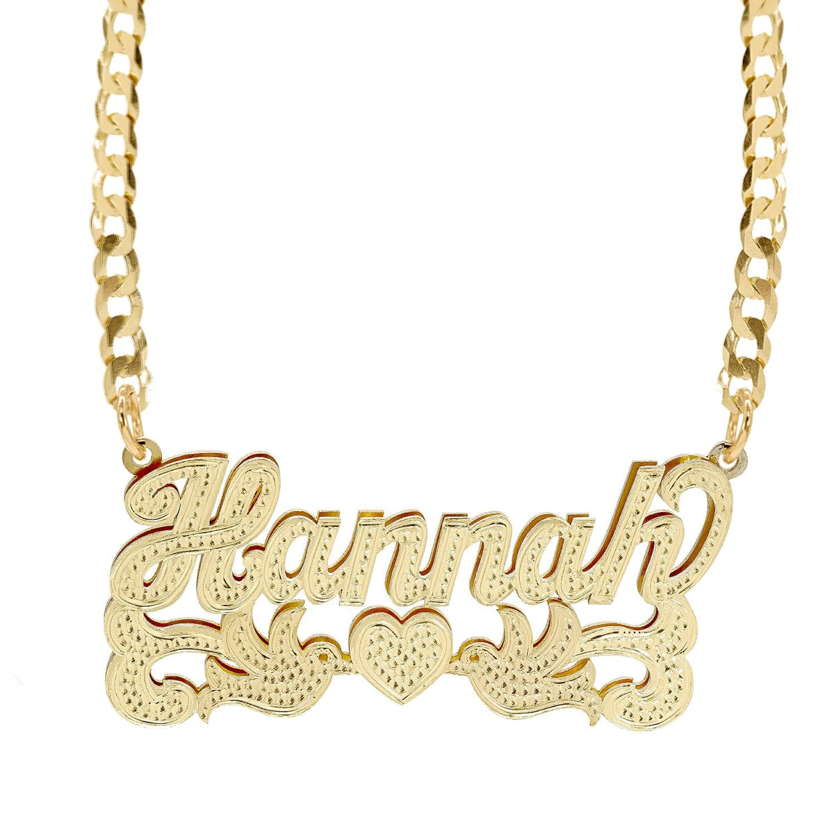 14k Gold over Sterling Silver / Cuban Chain Double Nameplate Necklace w/ Love Birds &quot;Hannah&quot;