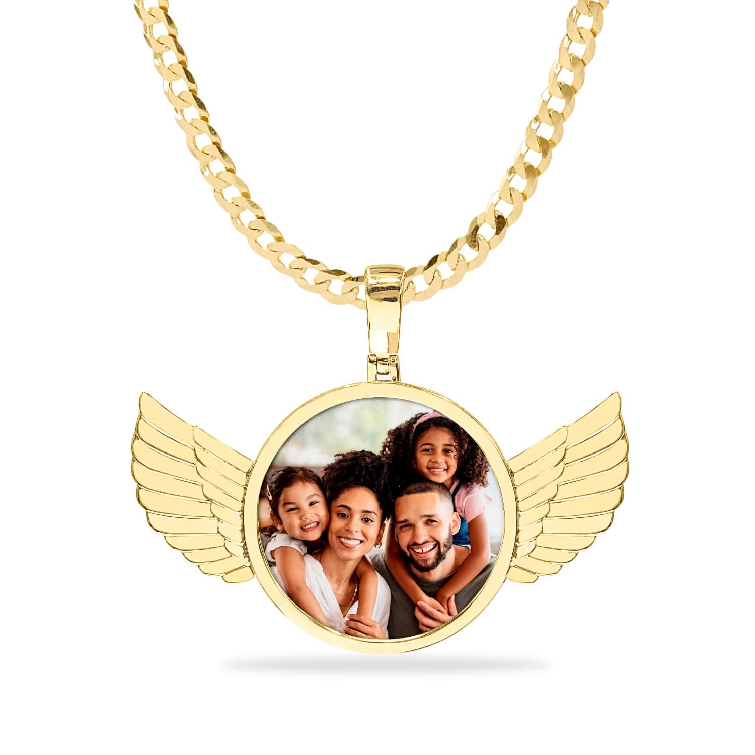 14k Gold over Sterling Silver / Cuban Chain High Polished Round Photo Pendant with Wings