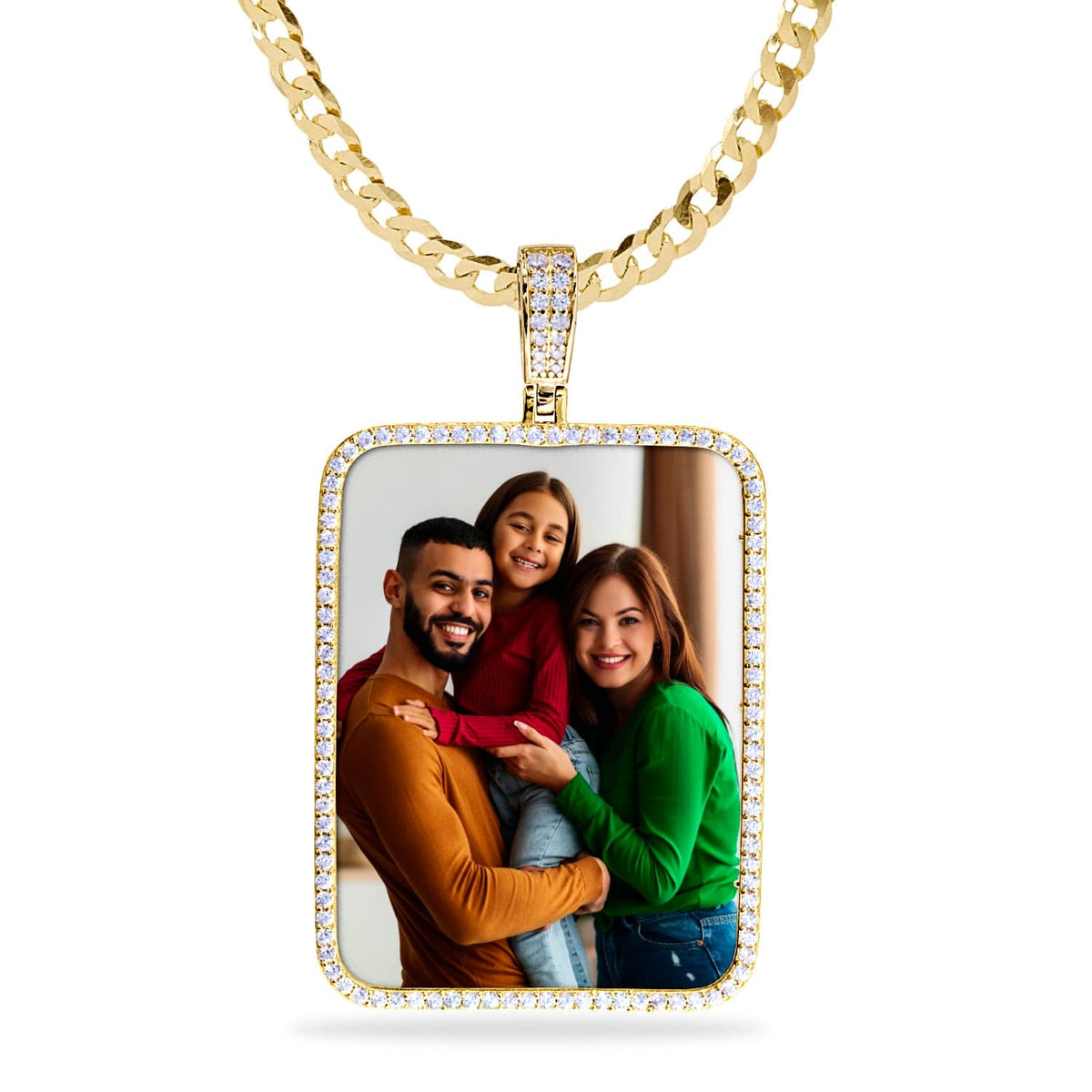 14k Gold over Sterling Silver / Cuban Chain Iced Out Rectangle Photo Pendant