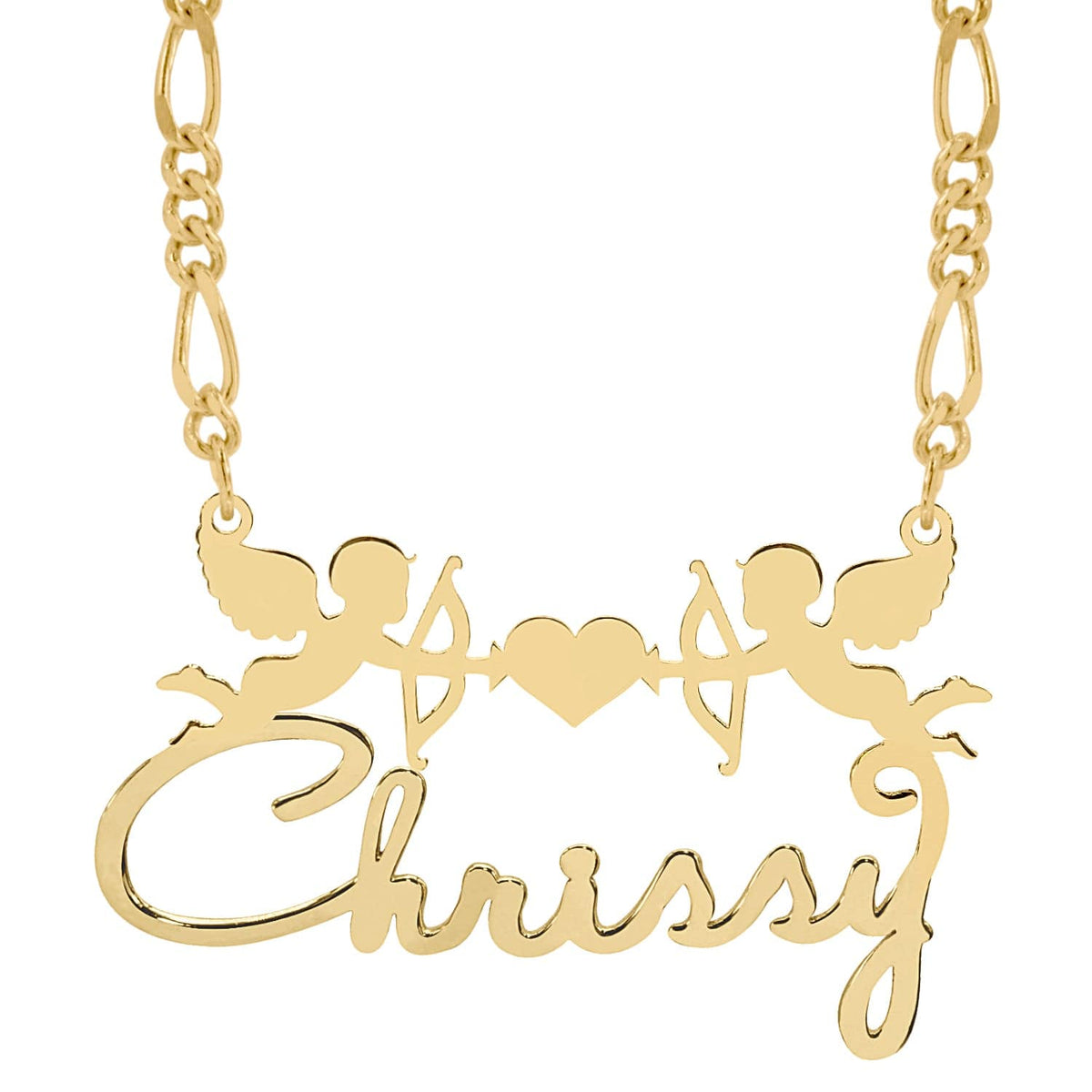 14k Gold over Sterling Silver / Figaro Chain Personalized Cupid Name Necklace