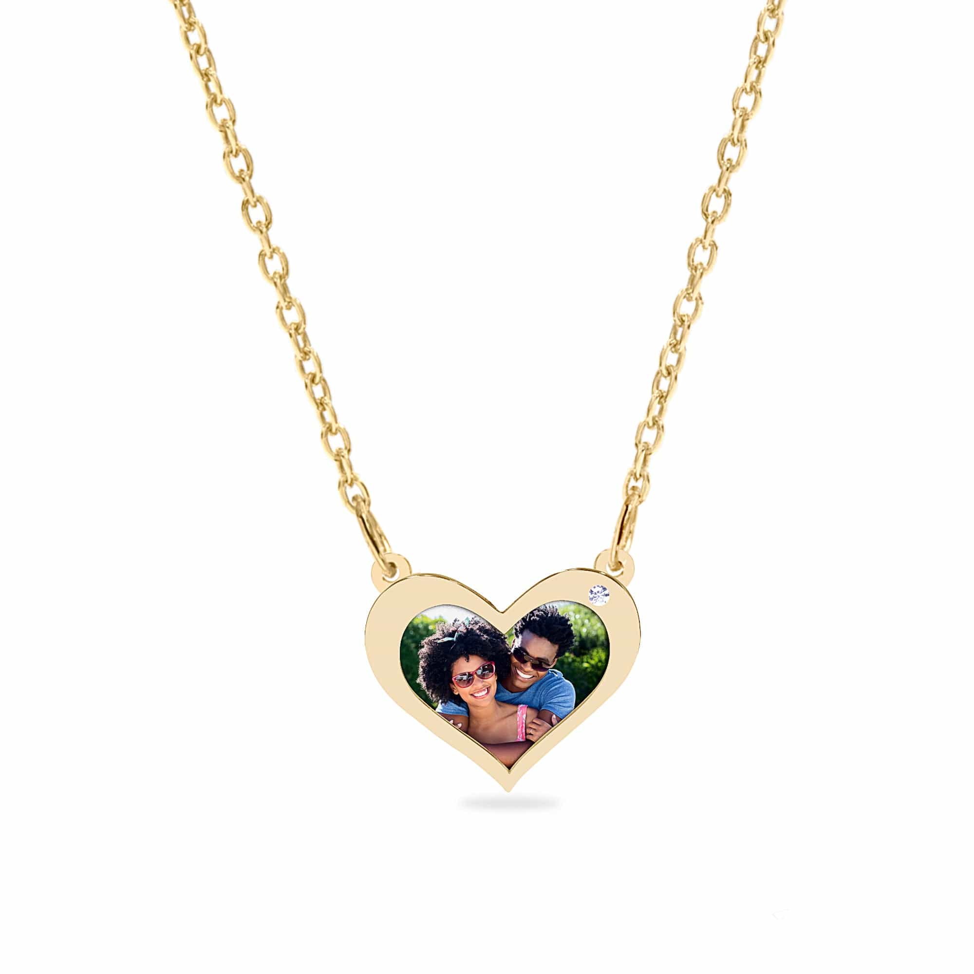 14k Gold Over Sterling Silver / Link Chain Copy of Heart Shaped Photo Pendant With Zirconia