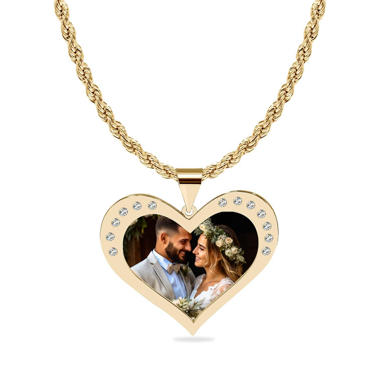 14k Gold Over Sterling Silver / Rope Chain Heart Shaped Photo Pendant With Zirconia