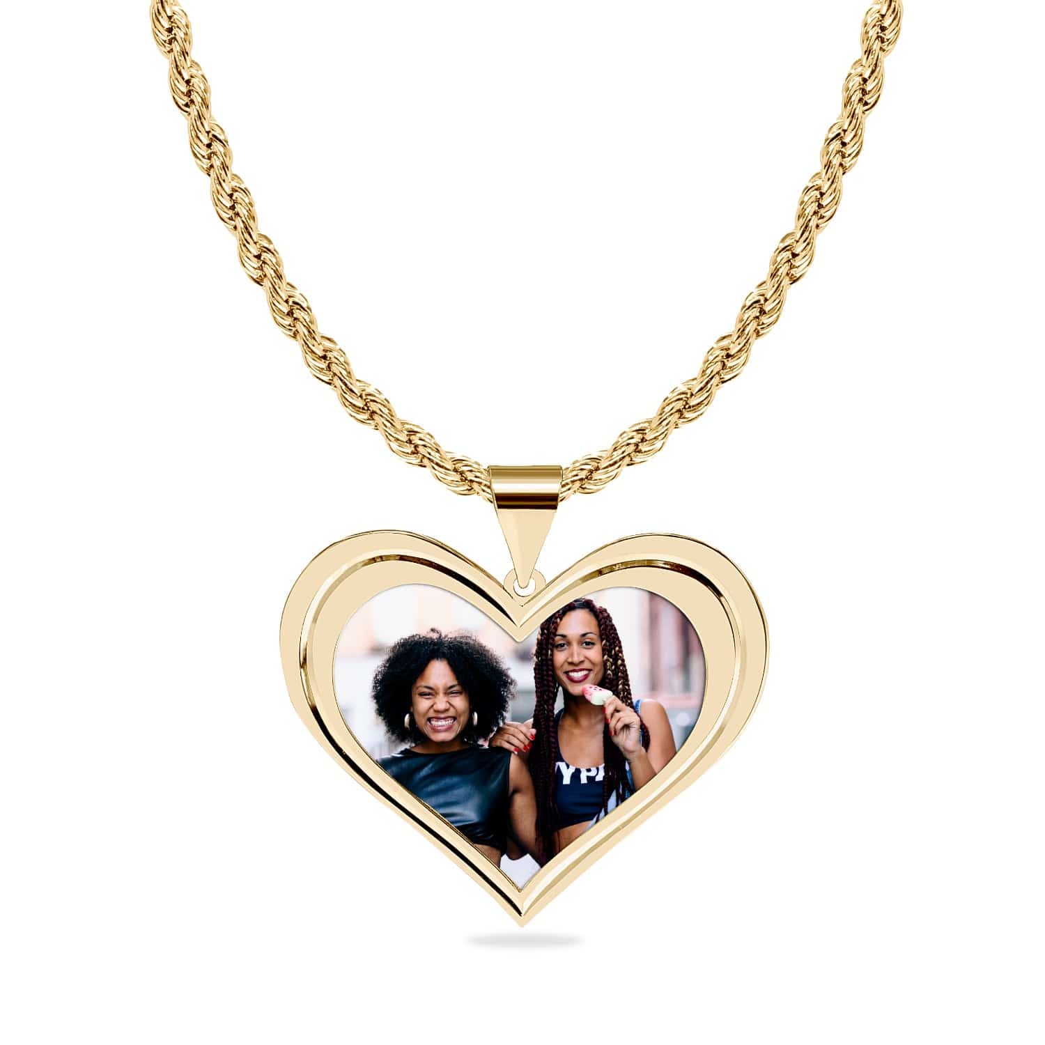 14k Gold over Sterling Silver / Rope Chain High Polished Heart Photo Pendant