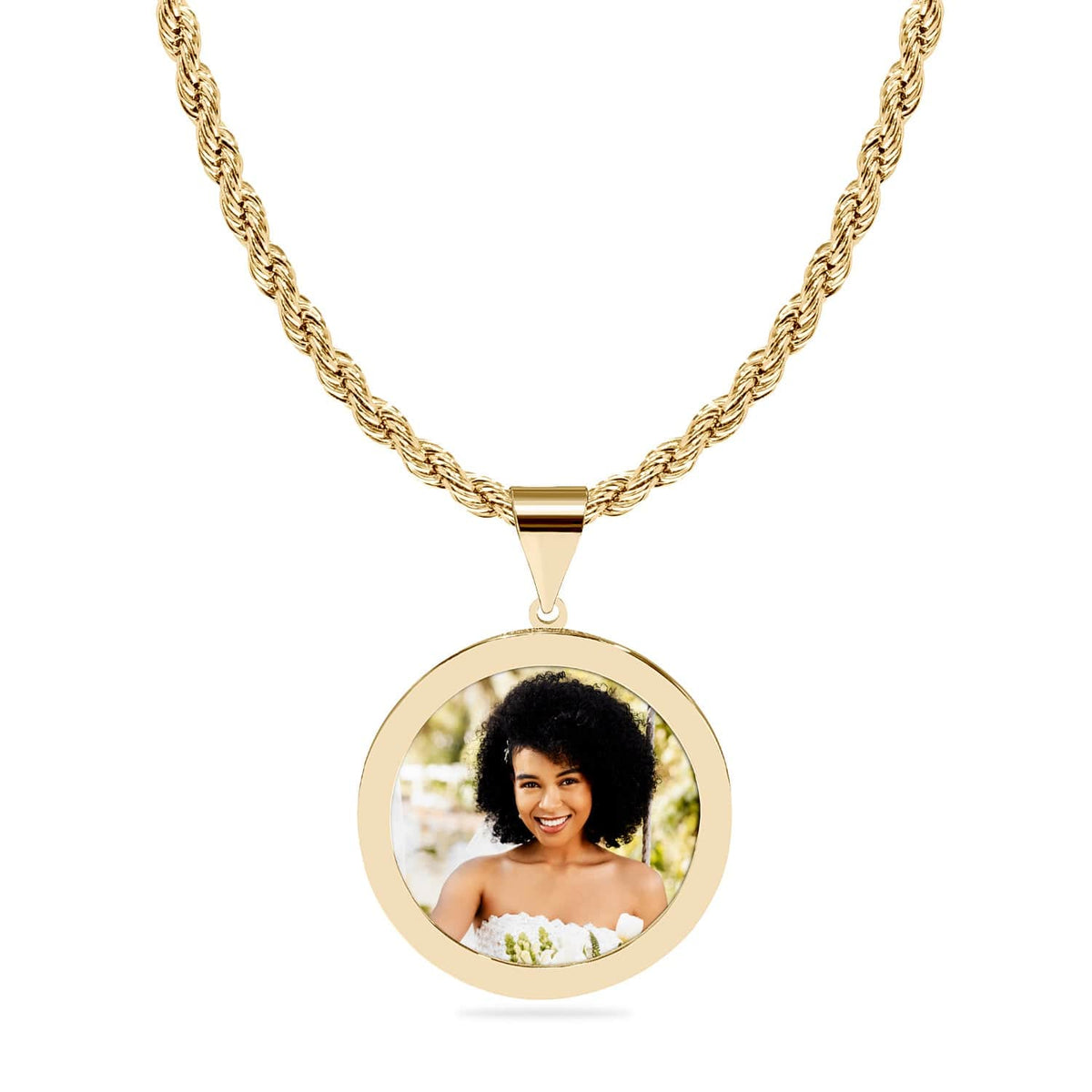 14k Gold over Sterling Silver / Rope Chain Round Photo Pendant High Polished