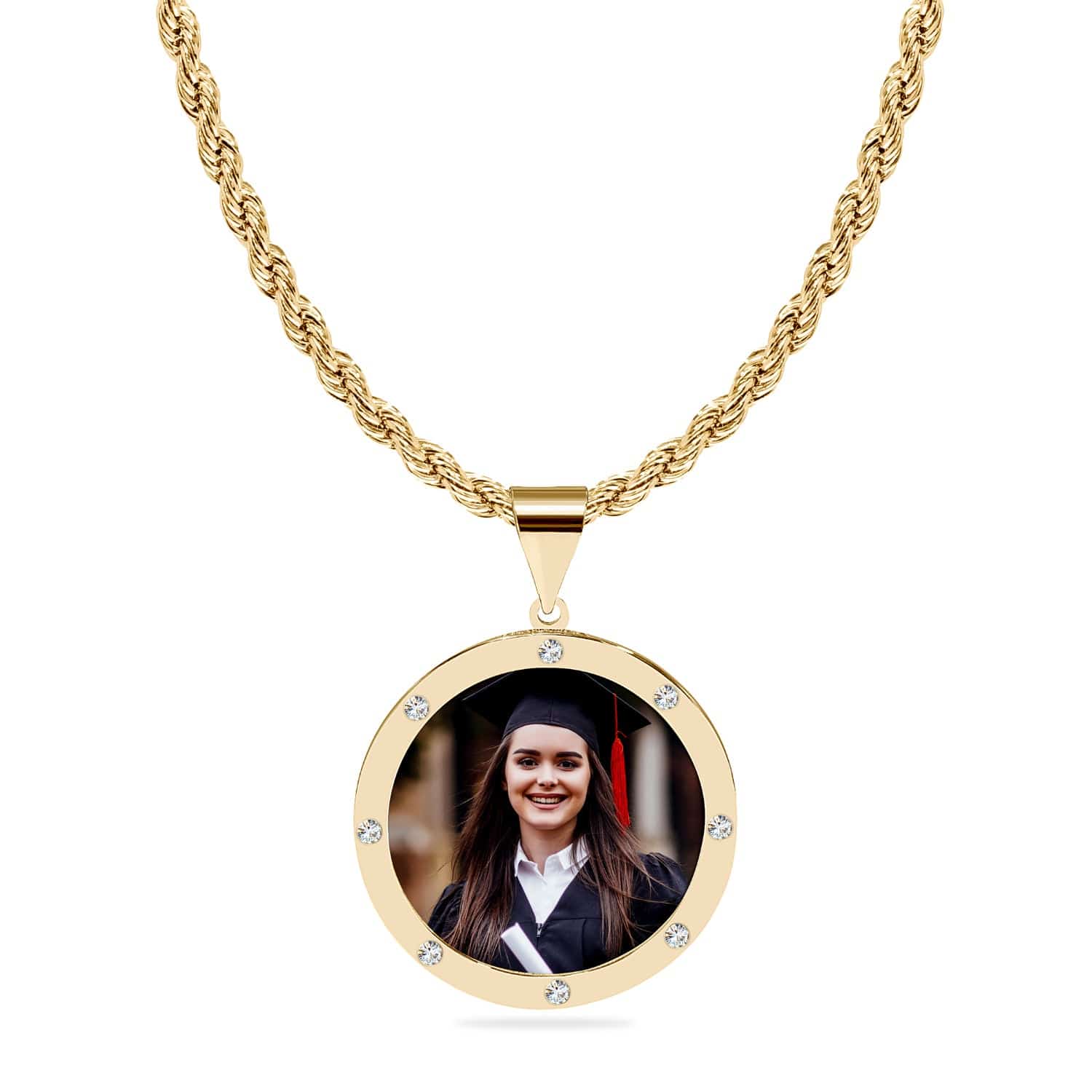 14k Gold over Sterling Silver / Rope Chain Round Photo Pendant with Zirconia