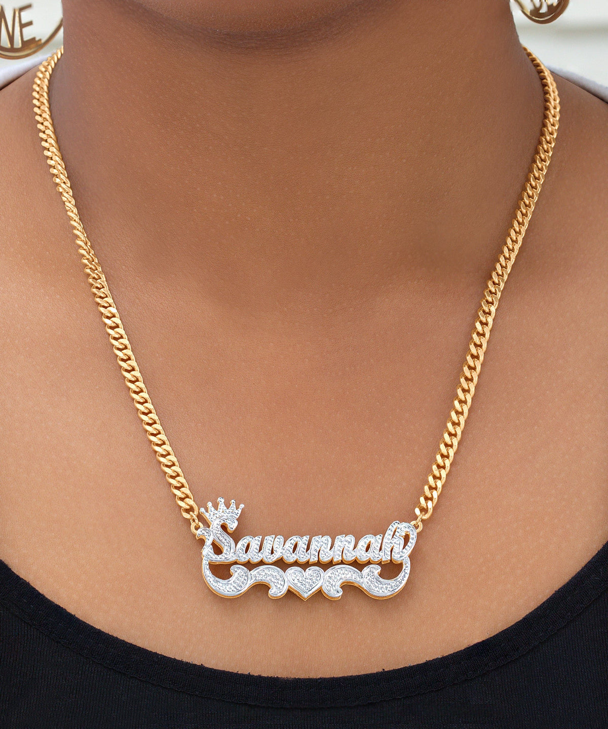 Double-plated Script Name Necklace with Beading/Rhodium All Over Name and Tail