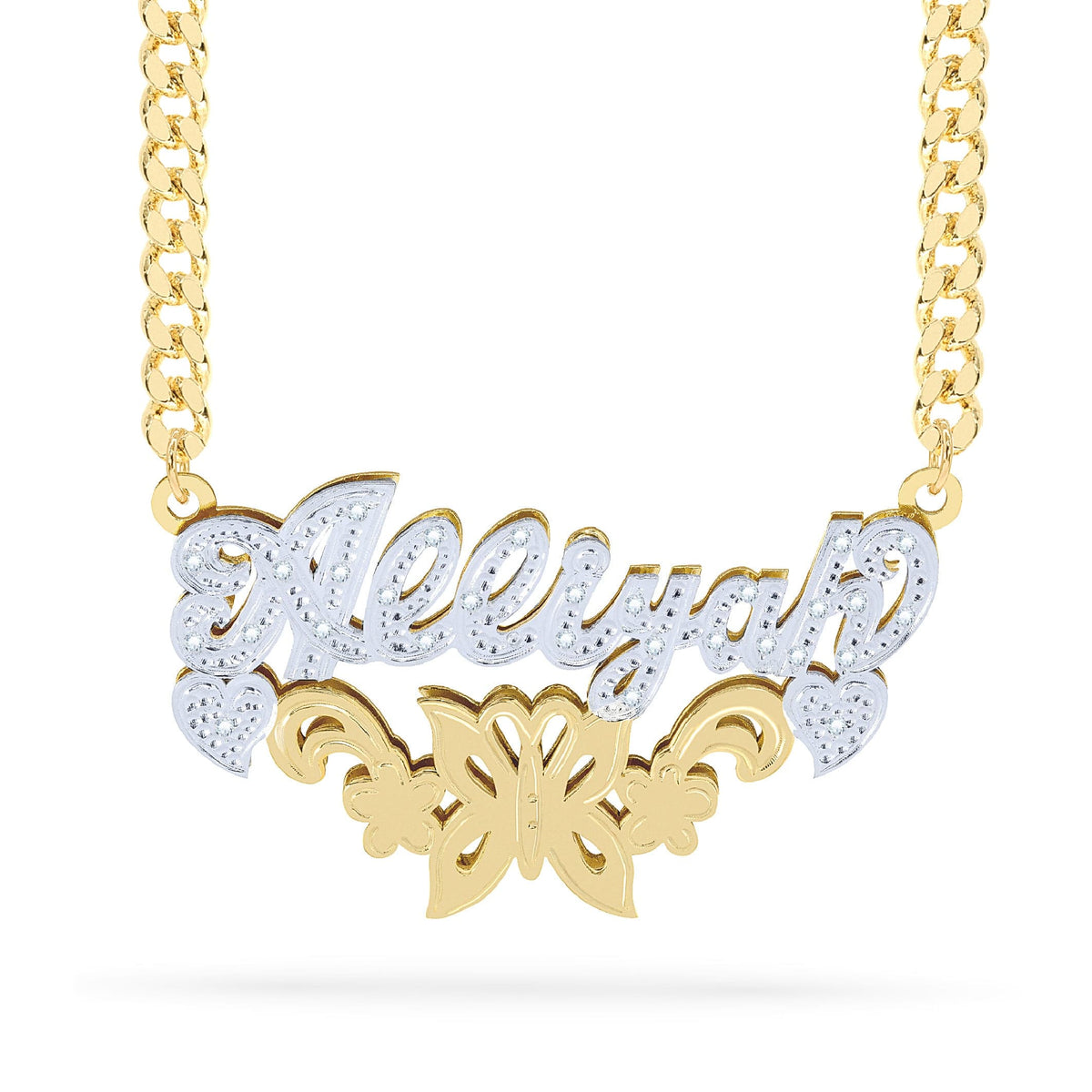Diamond Butterfly Double Nameplate Necklace &quot;Alliyah&quot;
