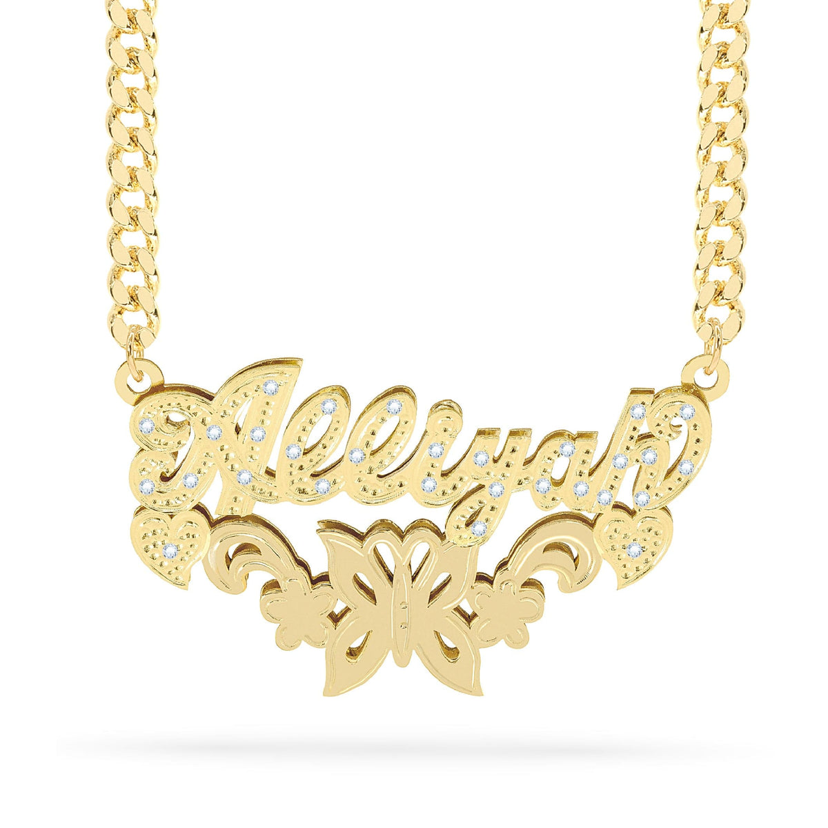 Diamond Butterfly Double Nameplate Necklace &quot;Alliyah&quot;