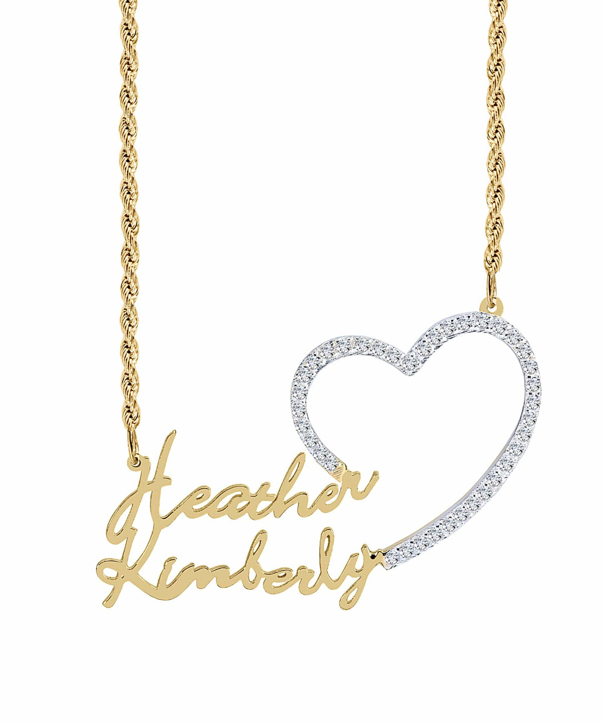 Iced Out Single Plated Nameplate Necklace &quot;Heather&quot; with Heart