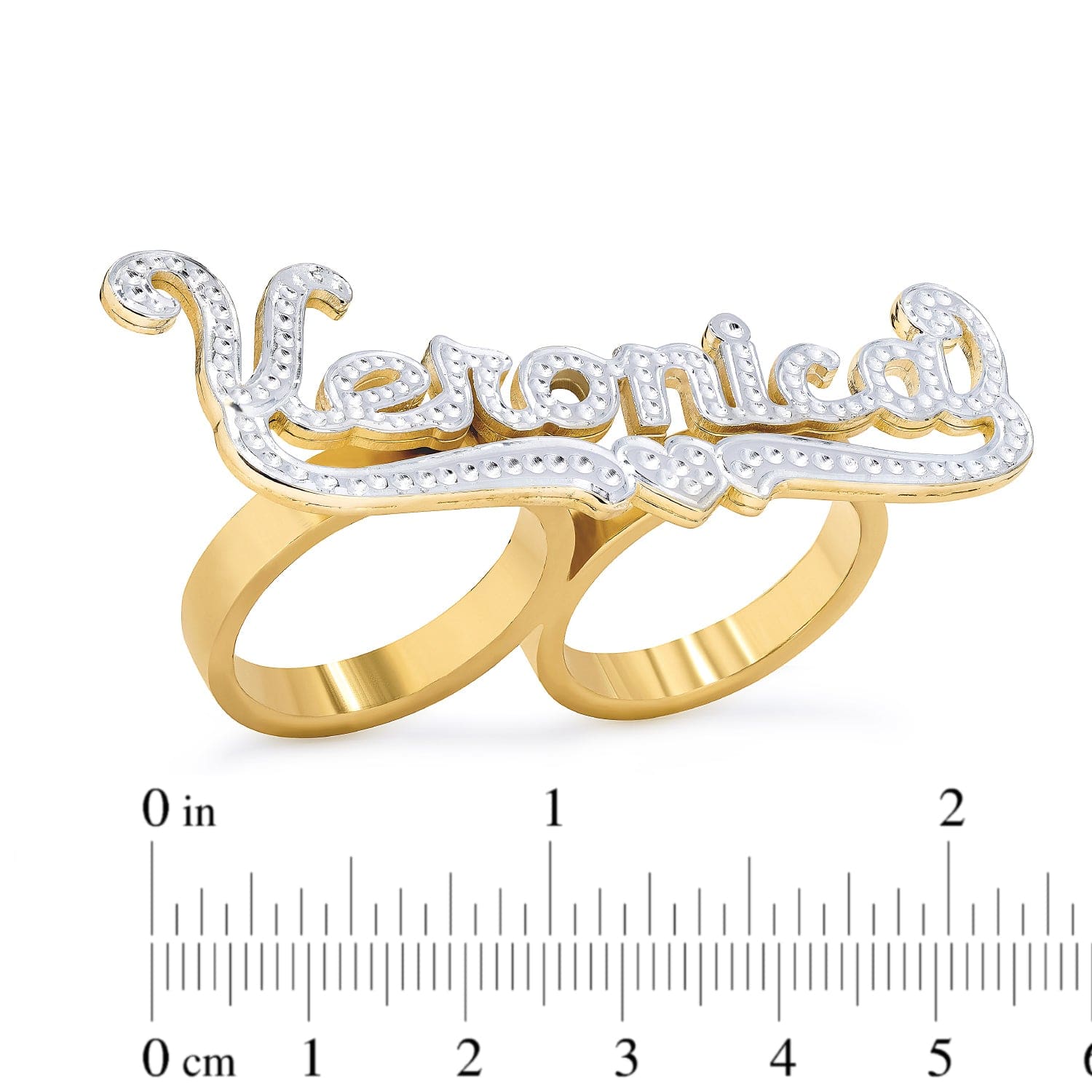 Two-Tone Plated Double-Finger Name Ring with Beading/Rhodium