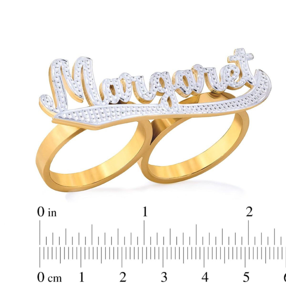 Double-Finger Name Ring with Beading/Rhodium