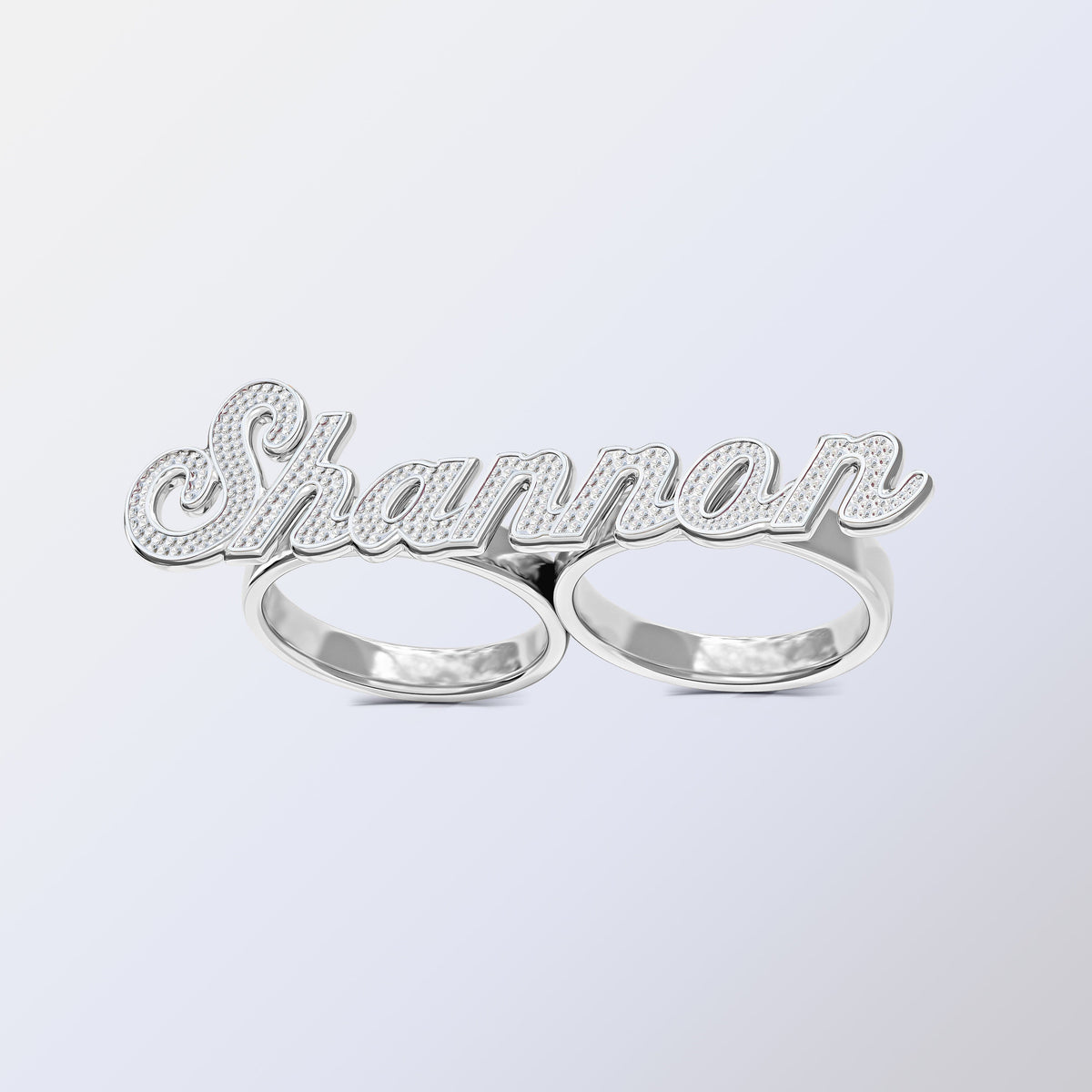 Personalized Two-Finger Name Ring with Beading and Rhodium &quot;Shannon&quot;
