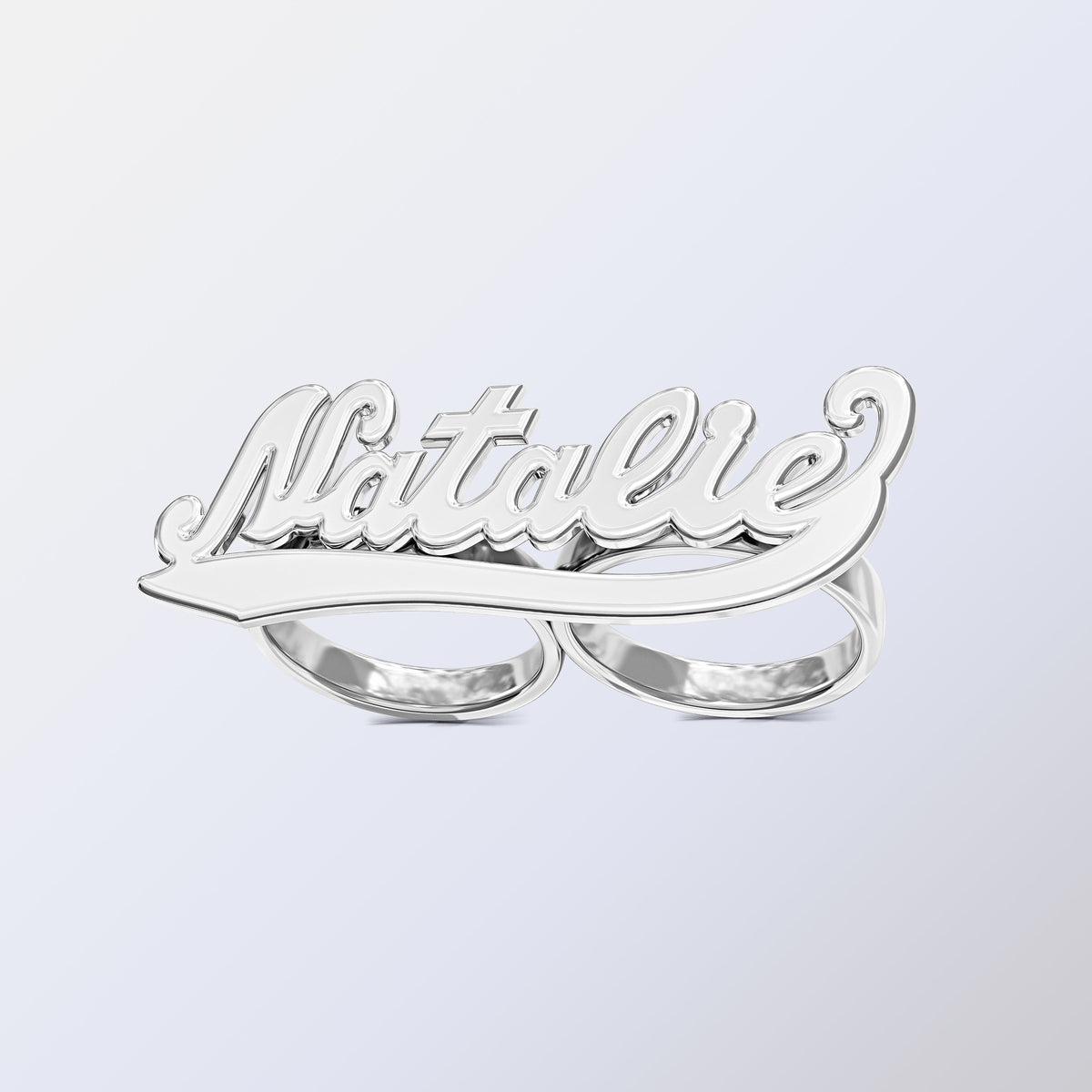 Personalized Two-Finger High Polish Name Ring. With Tail  &quot;Natalie&quot;