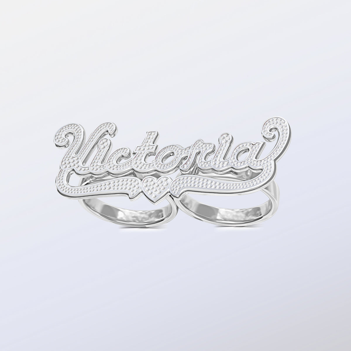 Personalized Two-Finger Name Ring with Beading and Rhodium With Tail  &quot;Victoria&quot;